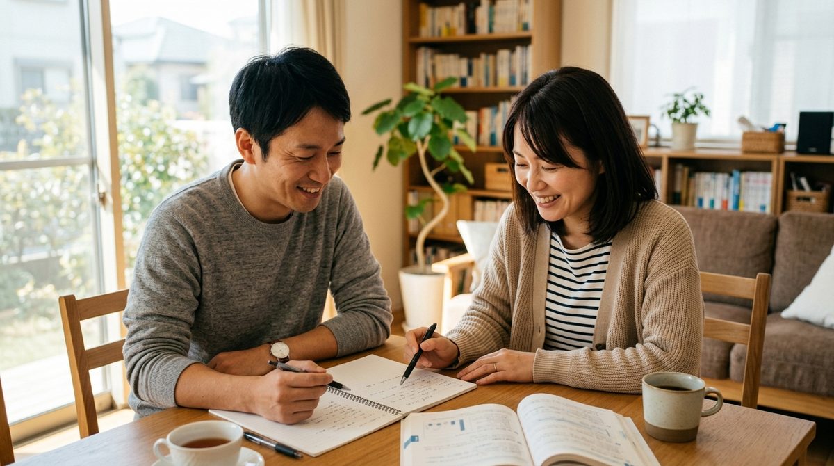 リビングのテーブルで笑顔の夫婦がノートにペンで書き込む
