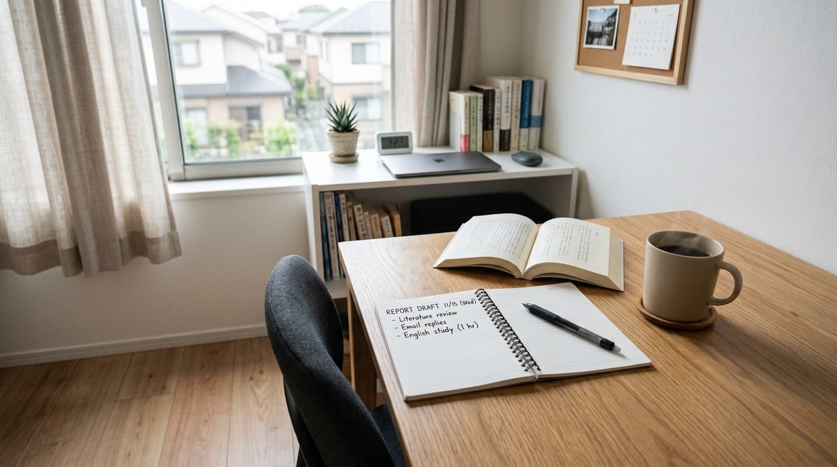 英語学習を始めるための道具や、集中できるデスク環境を視覚的に示す。特定の教材に偏らない汎用的なセット。