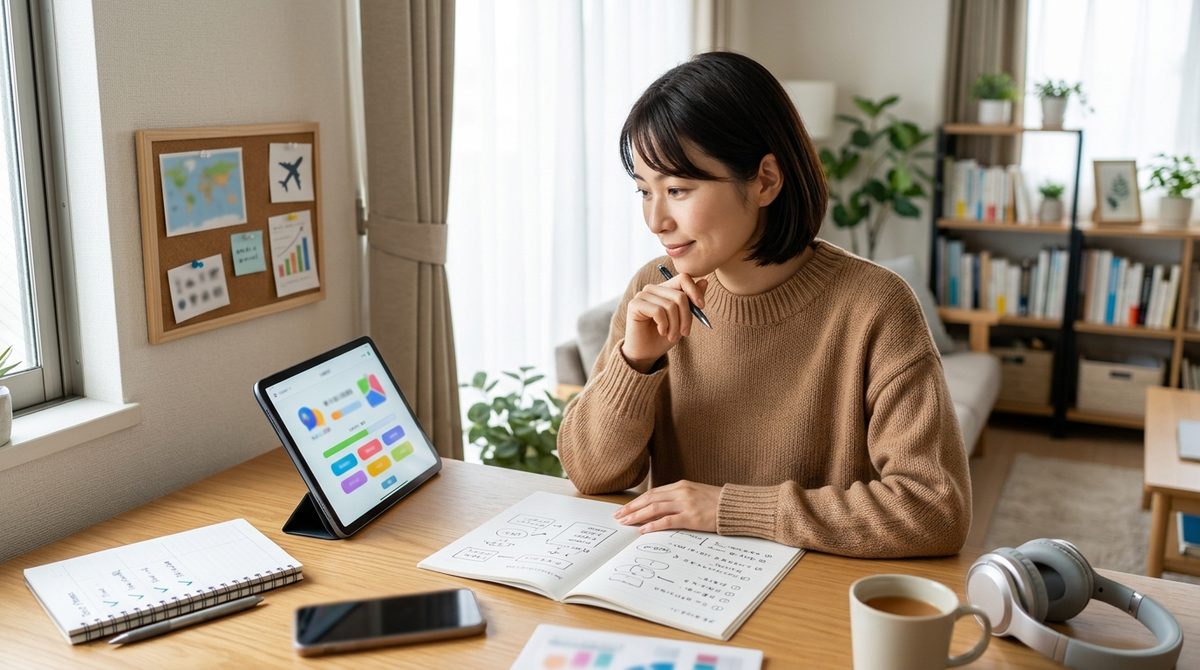自宅でiPadの資料とノートを使い作業する女性