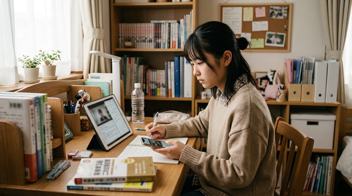 自宅の机でタブレットとスマホを使いノートに書き込む女子