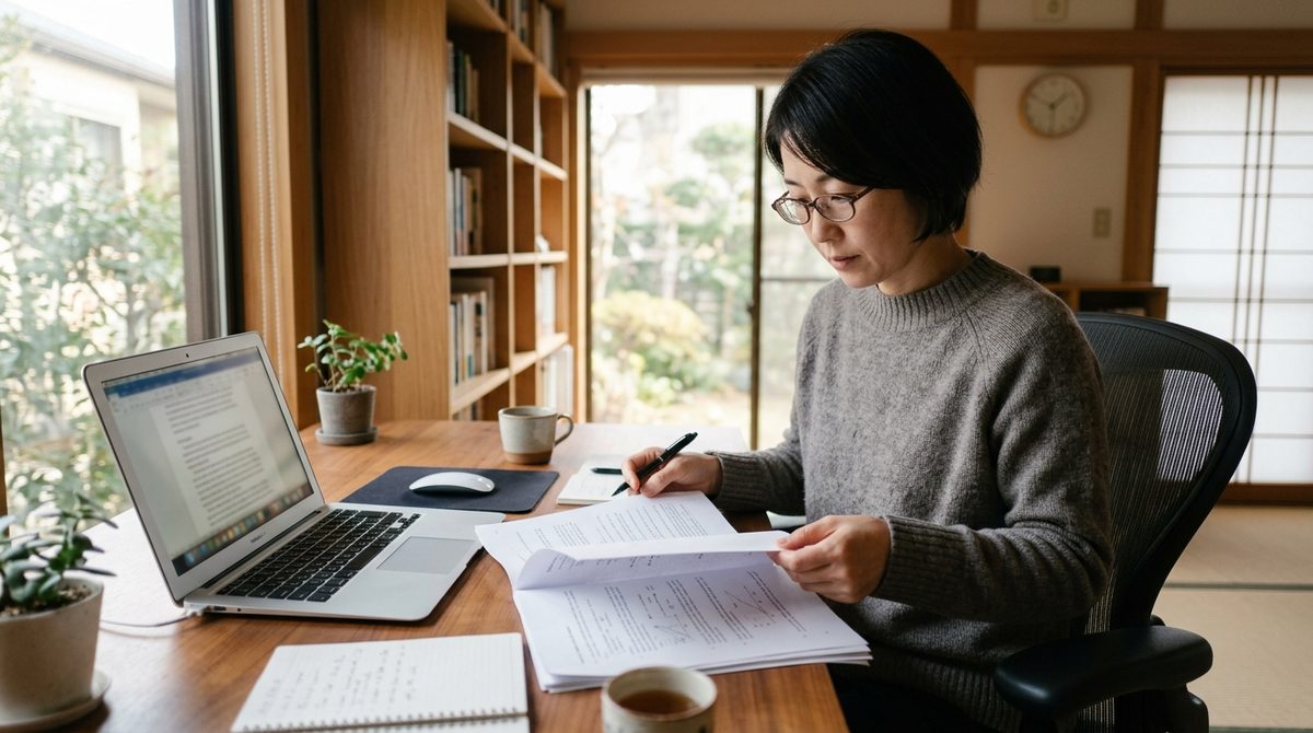 木目デスクで書類を読み書きする眼鏡の女性