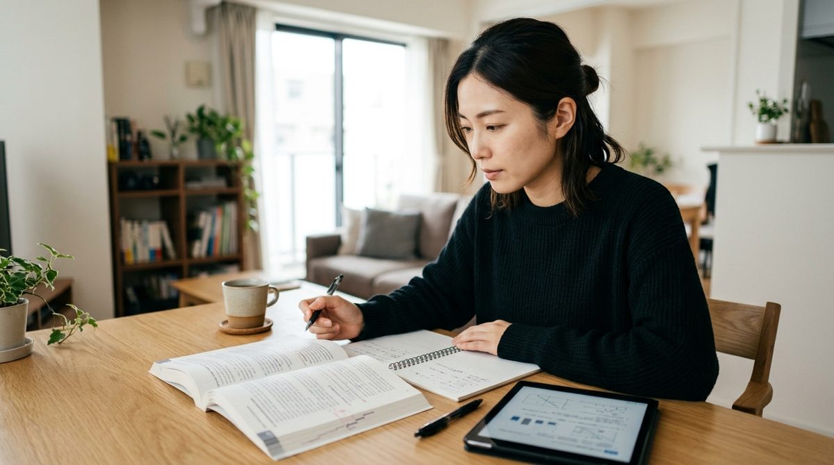 自宅のリビングで参考書を開き、ノートにペンで書き込む女性。