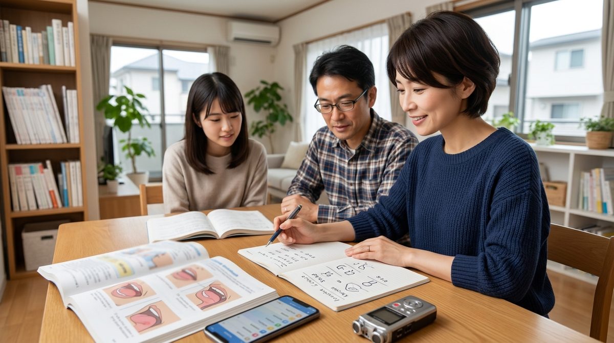 リビングで家族3人が発音学習のテキストに書き込む。