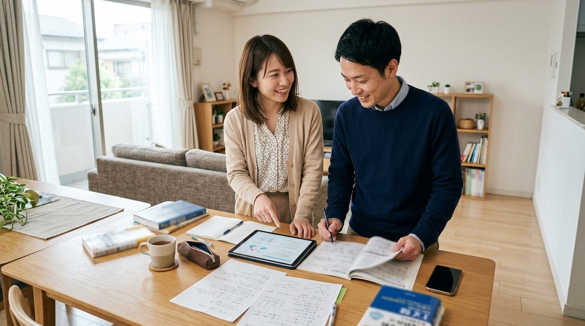 リビングで男女が笑顔でタブレットを指し、資料へ書き込む