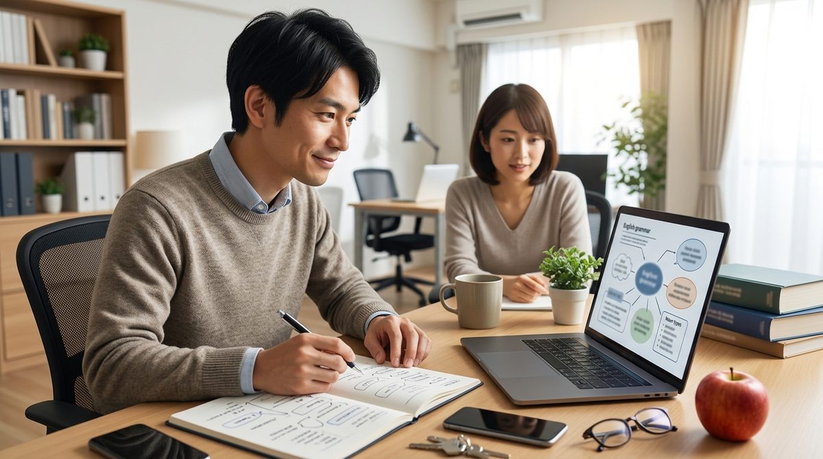 明るい部屋で男女がPCとノートを使い英語学習