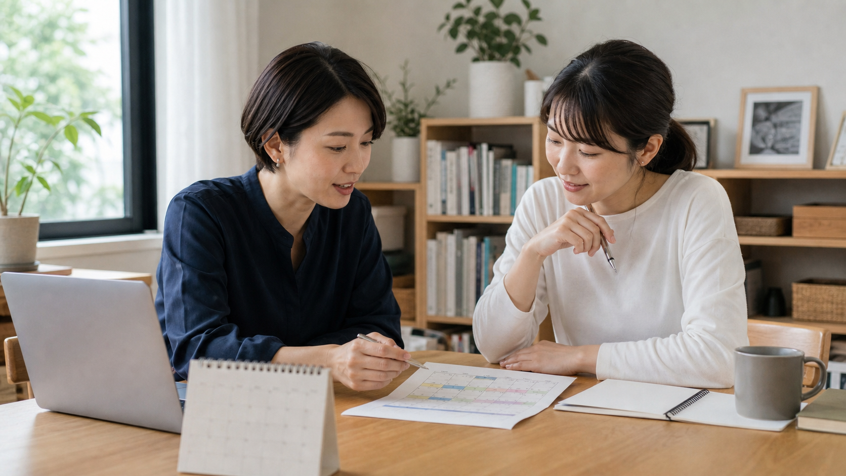 学習スケジュールや進捗を一人で抱え込まず、相談しながら調整する様子を示す