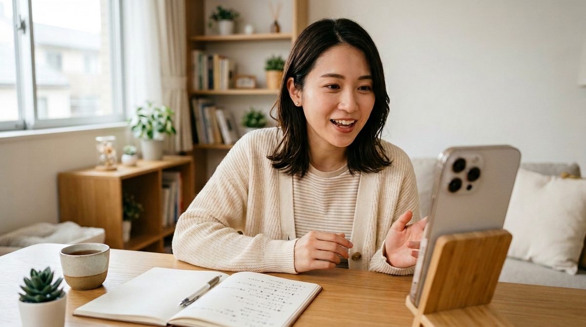リビングで笑顔でビデオ通話を楽しむ女性