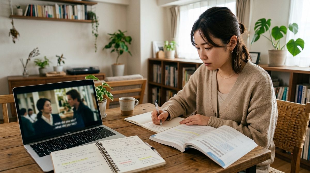 映画で英語勉強をする女性