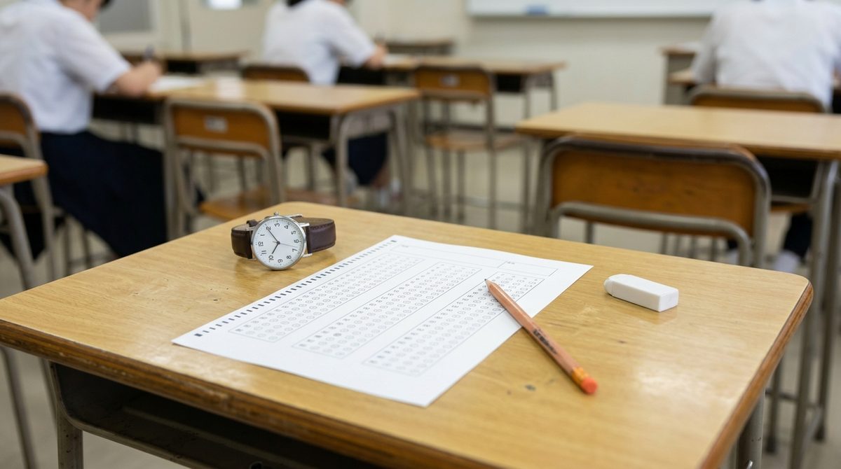 試験本番の緊張感や、時間内に解き切るための対策をイメージさせる