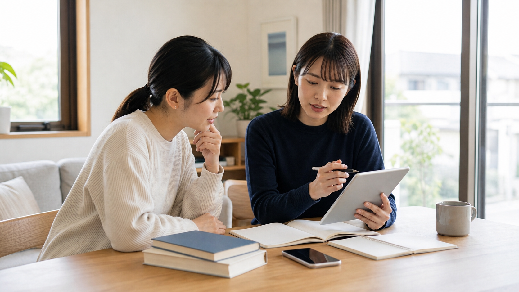英語教材や学習サービスの選び方を、誰かに相談しながら検討する場面を表現する