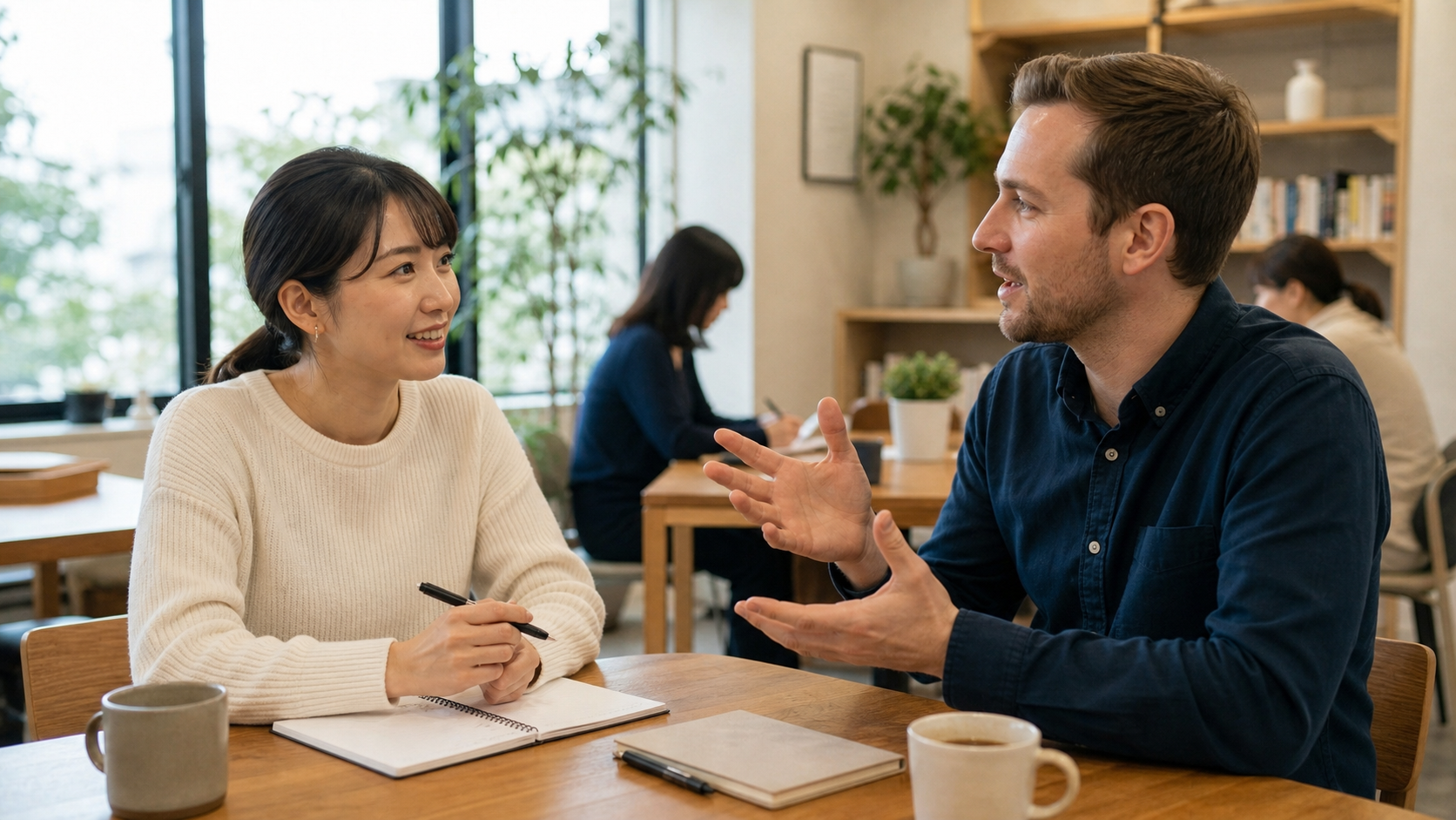 英語学習の先に、外国人の英語話者と自然に対面で会話している姿を見せる