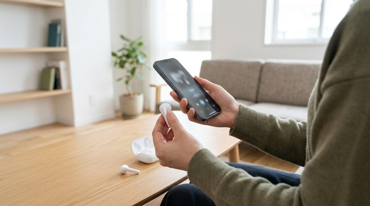 スマホとイヤホンを使い、場所を選ばず学習するスタイルを示す。習慣化やリスニングの文脈で利用。