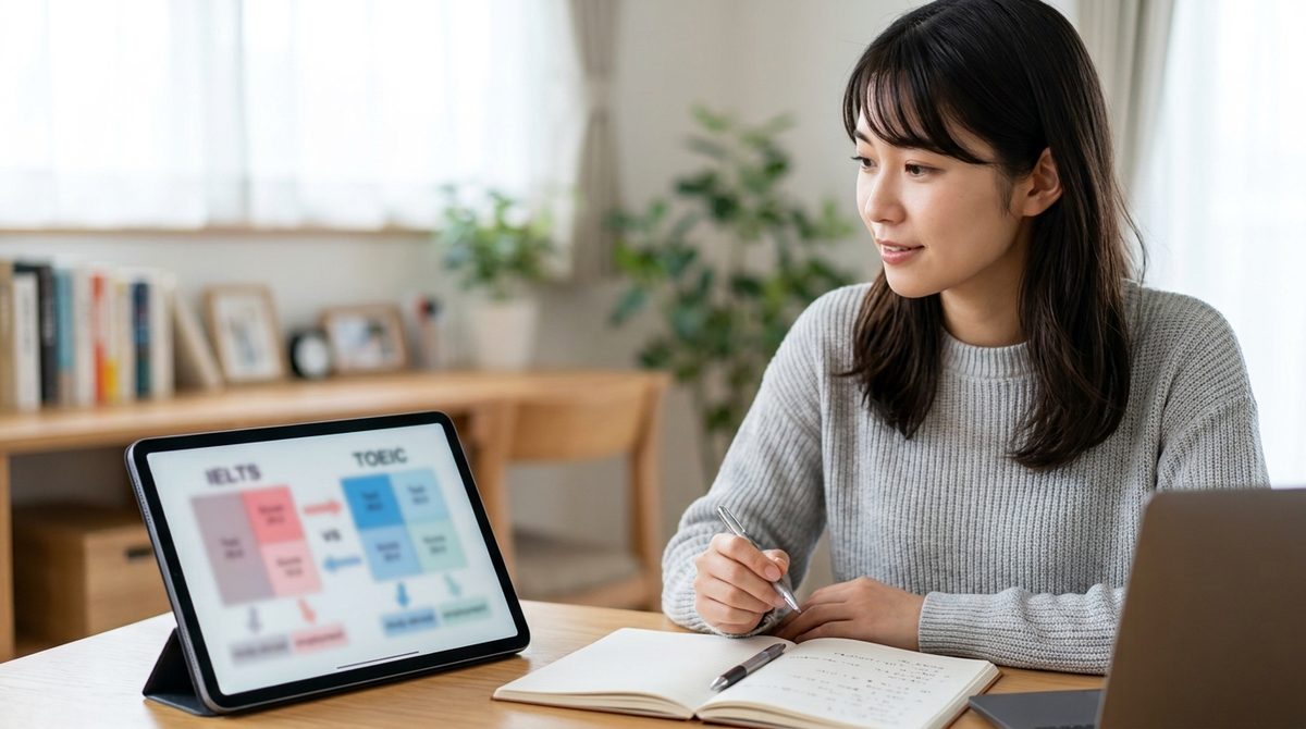 iPadの英語試験比較画面を見てノートに書き込む女性