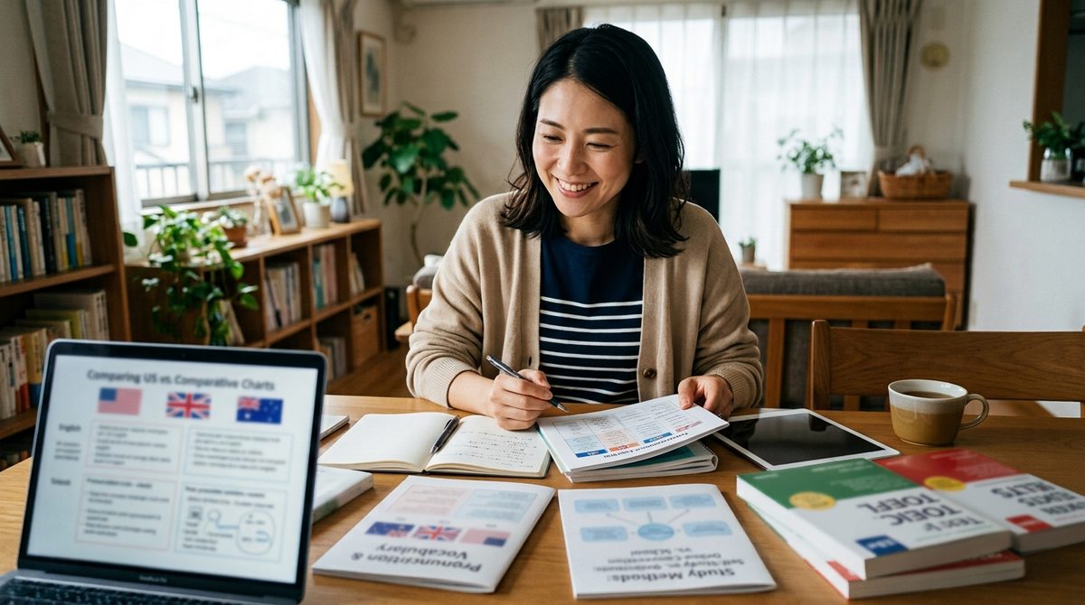 笑顔の女性が英語学習資料を机に広げ自宅で勉強している