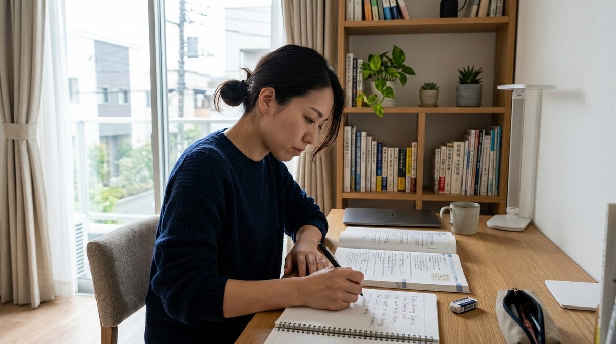 読者が自分を投影しやすい「自宅で真剣に学ぶ姿」を見せ、モチベーションや継続の重要性を伝える。
