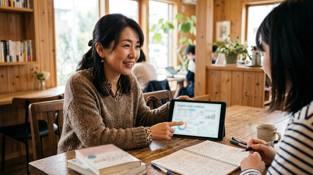 カフェで講師がタブレットの英語学習データを示し解説