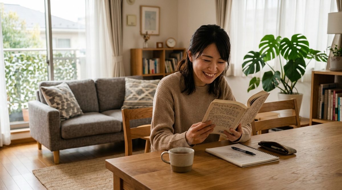 窓辺の明るいリビングで笑顔で読書する女性