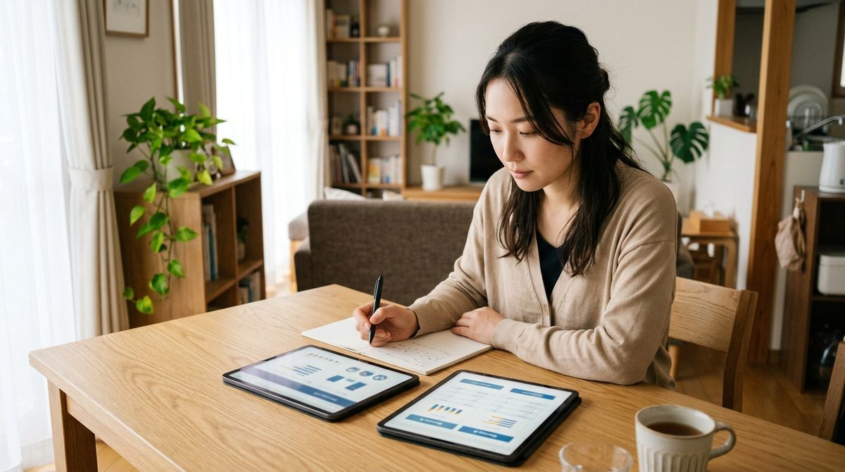 リビングのテーブルでタブレット資料を見ながらノートに書く女性。